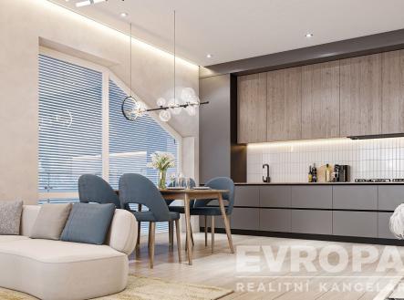 obývák-jídelna s dřevěná podlaha, přirozené světlo, a pozoruhodný lustr | Prodej bytu, jiný, 69 m²