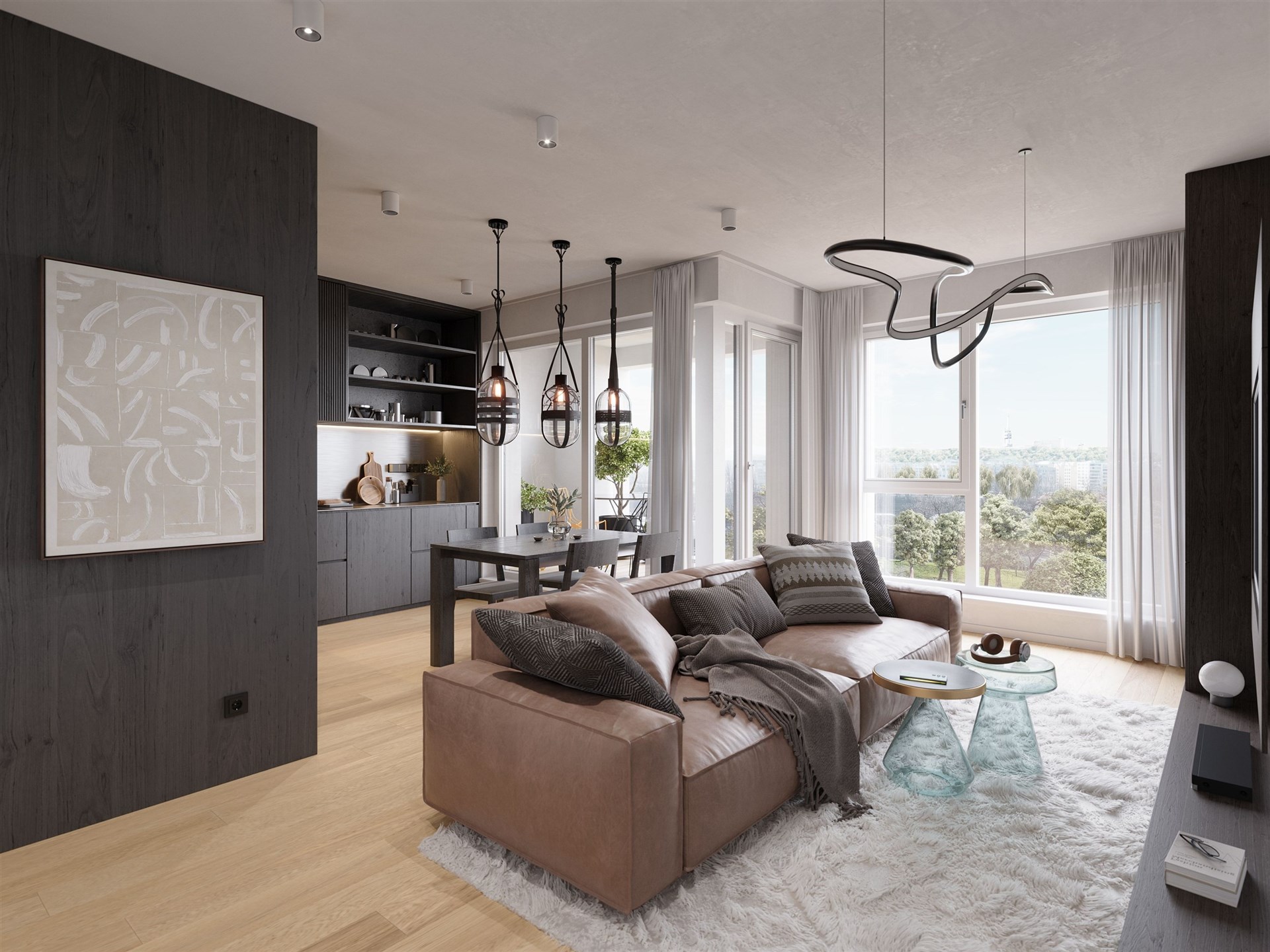 Prostorný obývací pokoj s parketovou podlahou, velká okna poskytující dostatek světla, moderní nábytek a závěsná svítidla v elegantním stylu.