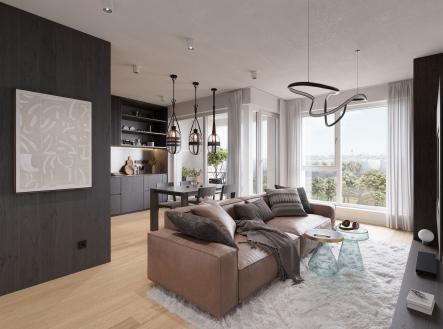 Prostorný obývací pokoj s parketovou podlahou, velká okna poskytující dostatek světla, moderní nábytek a závěsná svítidla v elegantním stylu. | Prodej bytu, 3+kk, 84 m²