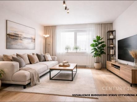 Světlý obývací pokoj s parketovou podlahou, moderní nábytkem a velkými okny, které zajišťují dostatek přirozeného světla. | Prodej - dům/vila, 197 m²