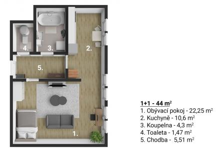 . | Pronájem bytu, 1+1, 44 m²