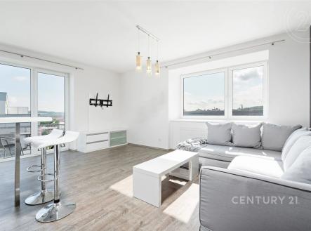 obývák-jídelna s přirozené světlo, krb, a dřevěná podlaha | Prodej bytu, 2+kk, 60 m²