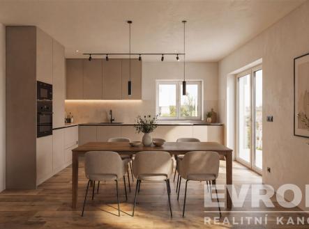 Moderní kuchyň s parketovou podlahou, vestavěné spotřebiče a velká okna poskytují světlý prostor a stylový vzhled. | Prodej - dům/vila, 119 m²