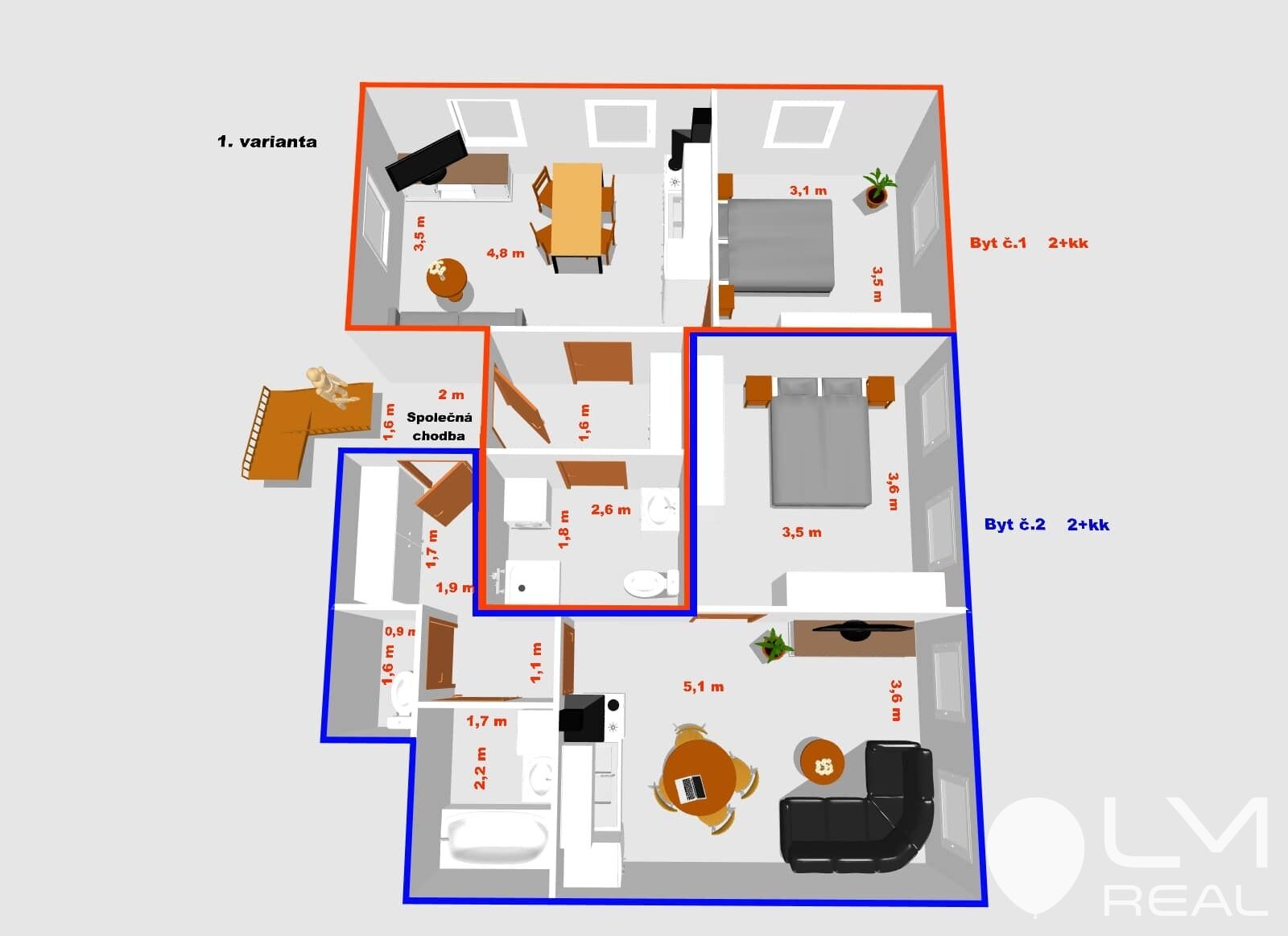 Půdorys bytu 2+kk - varianta č. 1