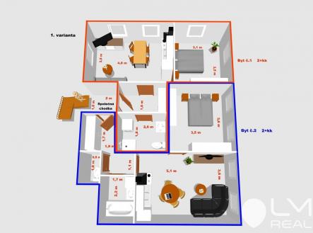 Půdorys bytu 2+kk - varianta č. 1 | Prodej bytu, atypický, 126 m²