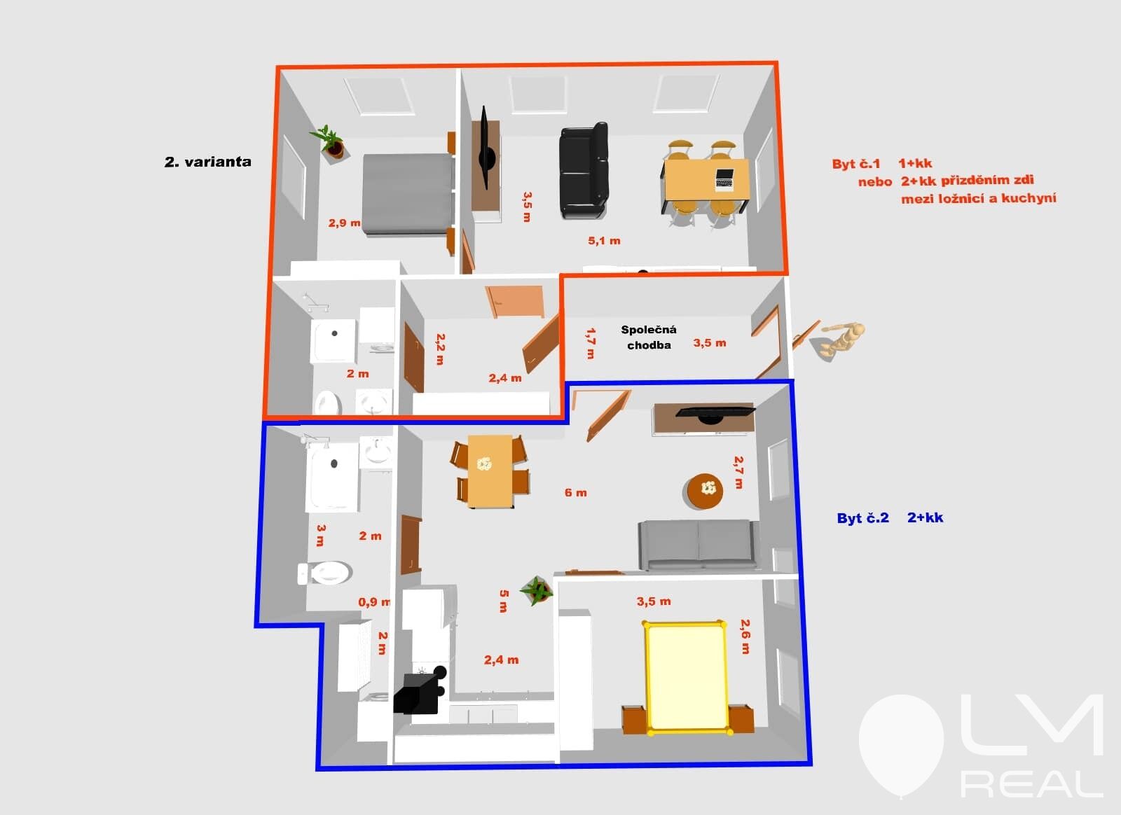 Půdorys bytu 2+kk - varianta č. 2