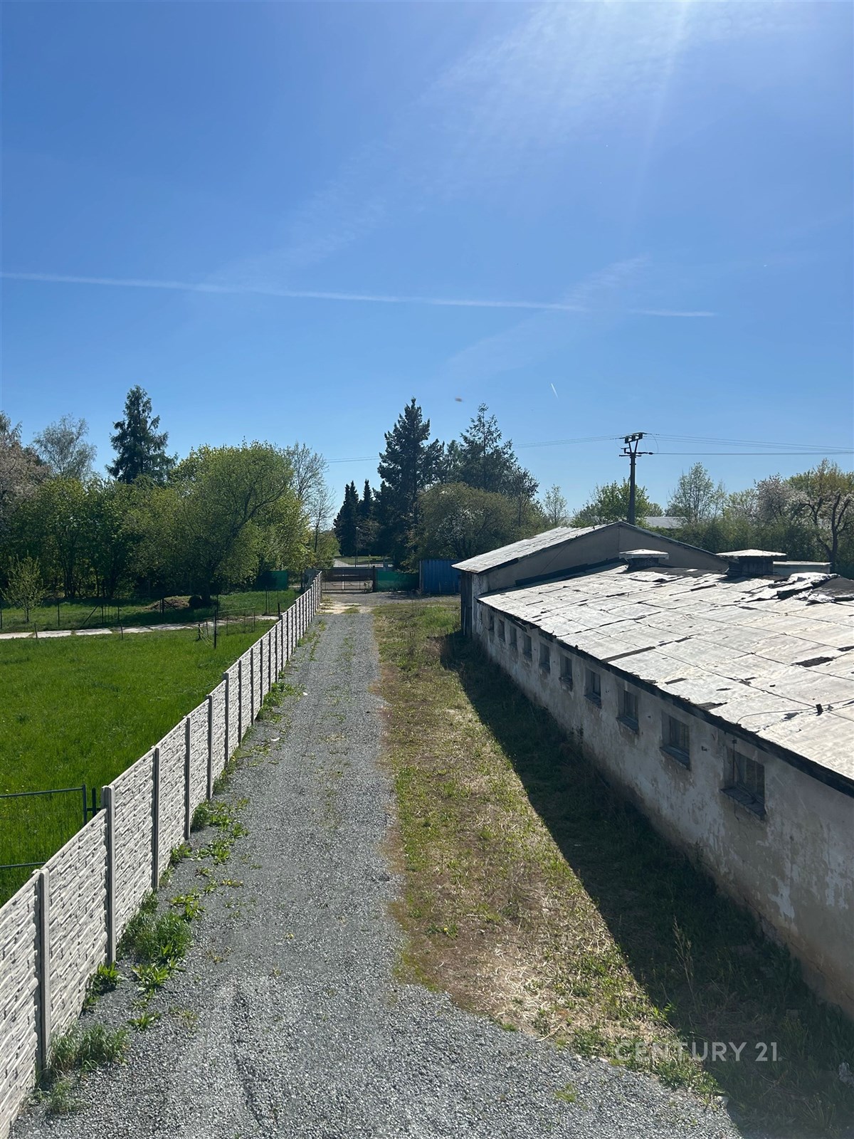 Příjezdová cesta ke starší budově s rekonstrukčním potenciálem, obklopená zelení a venkovským prostředím, ideální pro investici.