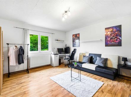 Světlý obývací pokoj s parketovou podlahou, velkými okny a moderními dekoracemi, nabízí pohodlný prostor pro relaxaci i práci. | Prodej - dům/vila, 261 m²