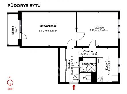 půdorys 2+1 Nad Alejí | Pronájem bytu, 2+1, 53 m²