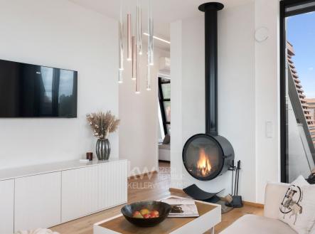 Obývací prostor s krbem | Pronájem bytu, 3+1, 103 m²