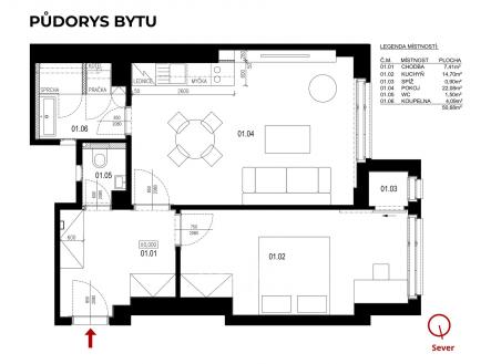 půdorys 2+kk V. P. Čkalova | Pronájem bytu, 2+kk, 51 m²