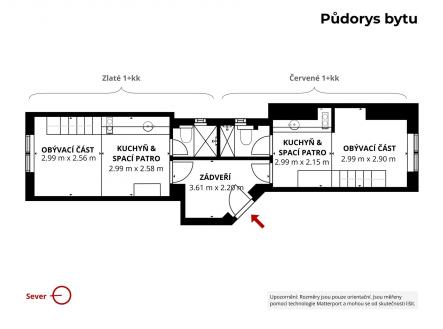 Půdorys Zlatý + Červený | Prodej bytu, 1+1, 38 m²