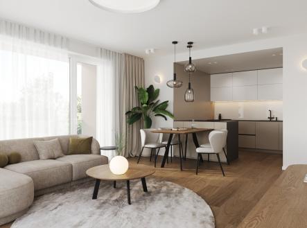 Byt č.1 Dispozice 3+KK Kuchyně s obytným prostorem a) | Prodej bytu, 3+kk, 96 m²