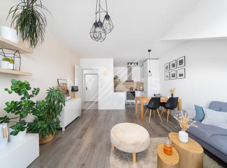 Obývací pokoj s kuchyňským koutem má plochu 25,9 m². | Prodej bytu, 2+kk, 61 m²