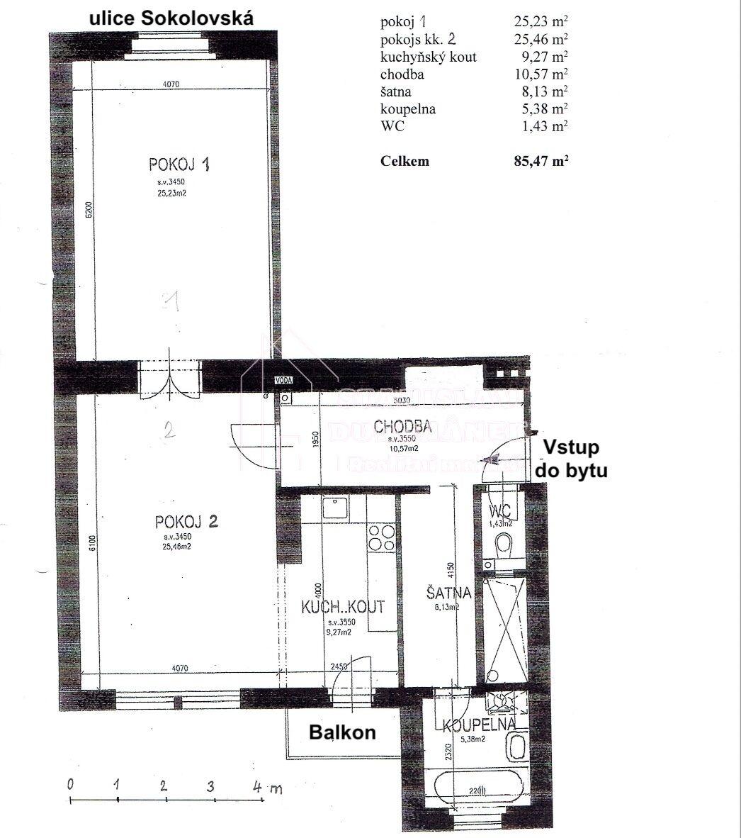 Pronájem prostorného bytu 2+kk, 85 m2 + balkon 2 m2, Praha 8-Karlín, ul. Sokolovská