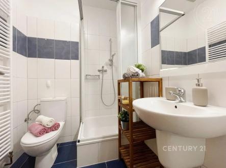vana s kombinovaná vana sprcha, kachličková podlaha, toaleta, stěna dlaždic, a zrcadlo | Pronájem bytu, 1+kk, 23 m²