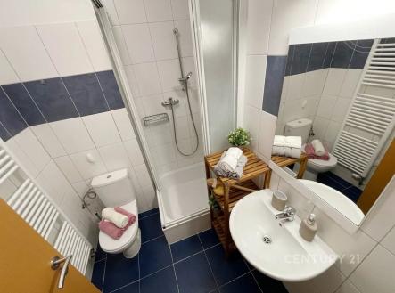 vana s zrcadlo, stěna dlaždic, kachličková podlaha, a dřez | Pronájem bytu, 1+kk, 23 m²