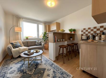 Světlý obývací pokoj s moderní kuchyní, parketová podlaha, velká okna, světlý interiér, moderní styl, útulný prostor pro bydlení. | Prodej bytu, 1+kk, 20 m²