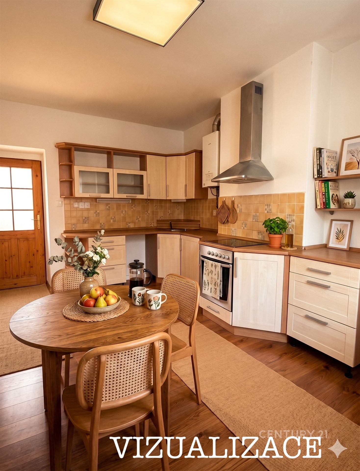 Kuchyň s dřevěnou podlahou, moderními spotřebiči a světlými skříňkami, nabízí útulnou atmosféru.