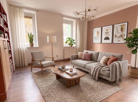 Světlý obývací pokoj s parketovou podlahou, velkými okny a moderním nábytkem, nabízí útulný prostor pro relaxaci a setkávání. | Pronájem bytu, 3+kk, 72 m²