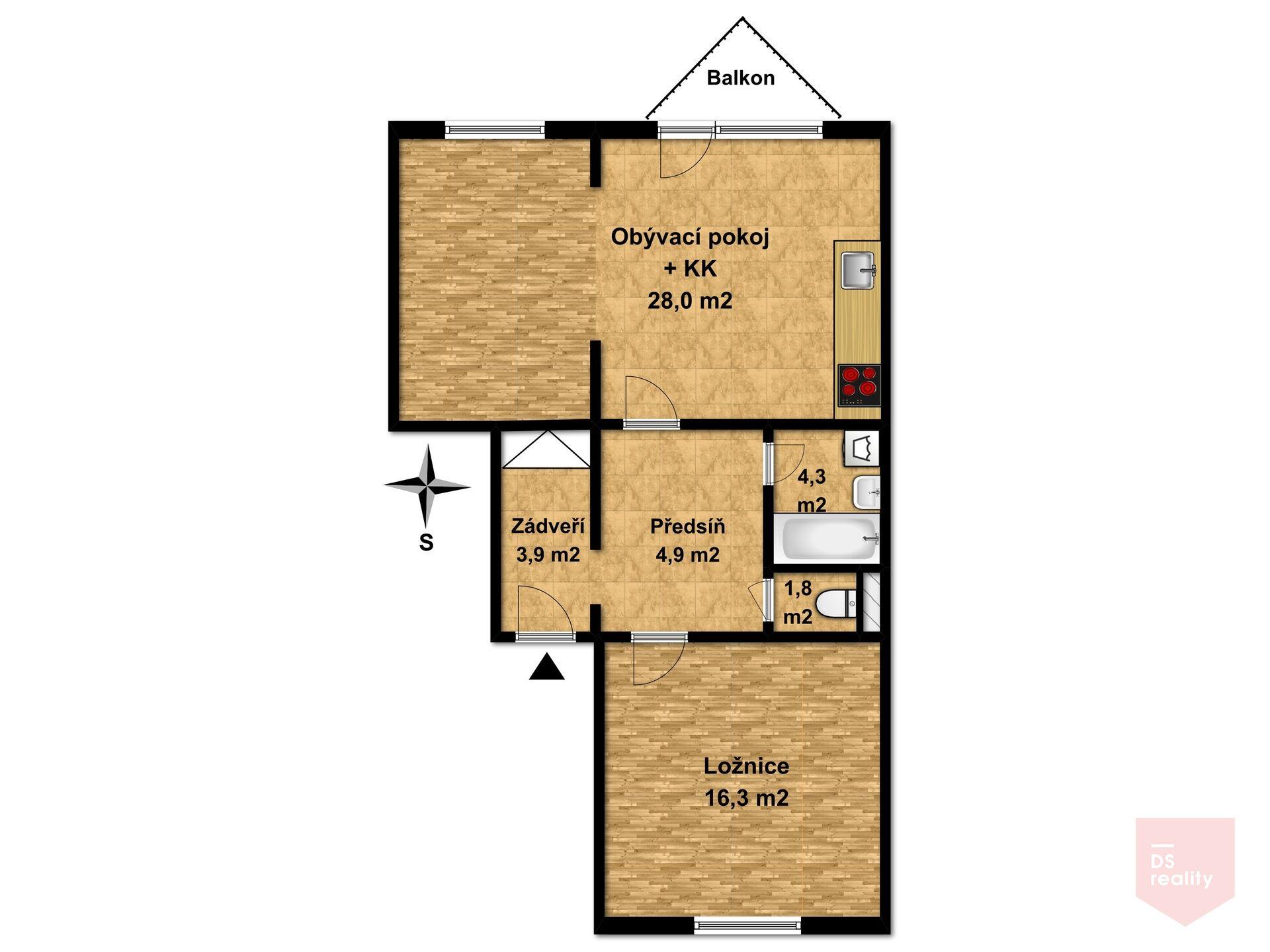 Pronájem světlého bytu 2+kk s balkonem, 59 m², Praha 9 – Horní Počernice, Markupova ulice