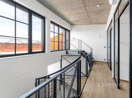 Světlá chodba s velkými okny, moderním průmyslovým stylem a dřevěnou podlahou. Skleněné stěny s kovovými rámy dodávají industriální vzhled. | Prodej bytu, 4+kk, 101 m²