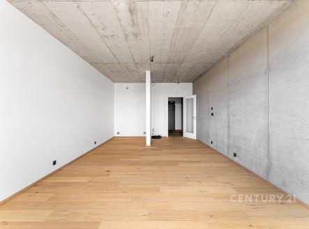 Prázdný obývací pokoj s betonovým stropem, parketovou podlahou a bílými stěnami, nabízí moderní styl a připravenost k osobnímu uzpůsobení. | Prodej bytu, 1+kk, 45 m²
