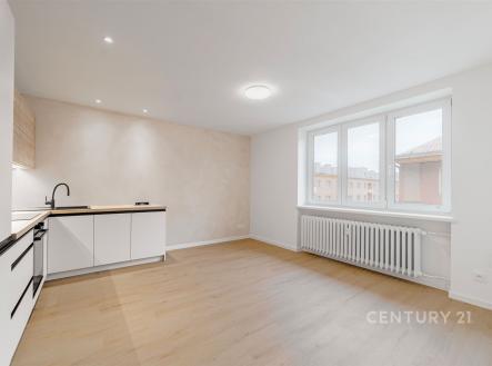 Světla kuchyň s moderními bílými skříňkami, parketová podlaha, velká okna, nově rekonstruovaný prostor. | Prodej bytu, 3+kk, 60 m²