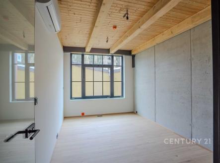 Prázdná místnost s velkými okny, dřevěným stropem a parketovou podlahou, moderní styl a přirozené osvětlení. | Prodej bytu, 4+kk, 176 m²