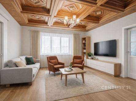 Světlý obývací pokoj s parketovou podlahou, dřevěný strop, moderní nábytek a velká okna poskytují příjemnou atmosféru. | Prodej - dům/vila, 187 m²