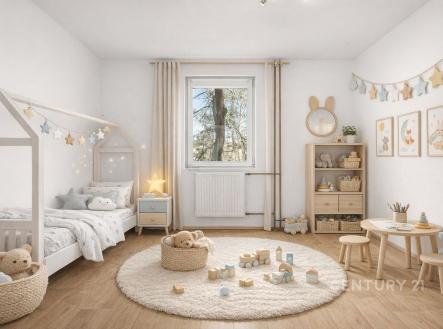 Dětský pokoj s dřevěnou podlahou, velkým oknem a světlým moderním designem. Minimalistický nábytek, dekorace laděné do přírodních odstínů. | Prodej - dům/vila, 144 m²
