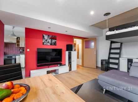 Obývací pokoj s moderním nábytkem, parketovou podlahou a zvýšeným spacím prostorem. Velké okno poskytuje dostatek světla, svěží dekorace. | Prodej bytu, 2+1, 56 m²