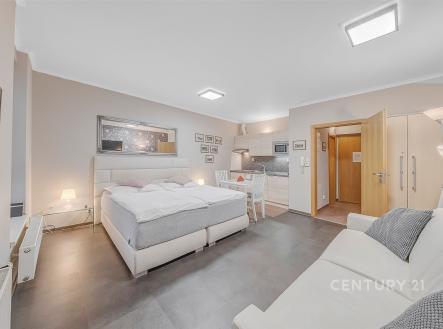 Světlá ložnice s moderním nábytkem, parketová podlaha, vestavěná skříň a velká okna, rekonstruovaný prostor. | Prodej bytu, 1+kk, 32 m²