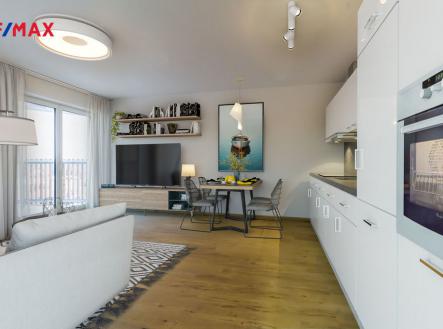 Obývací pokoj s kuch. koutem (vizualizace) | Prodej bytu, 3+kk, 70 m²