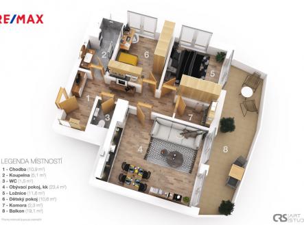 3D půdorys | Prodej bytu, 3+kk, 70 m²