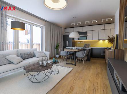 Obývací pokoj s kuch. koutem (vizualizace) | Prodej bytu, 3+kk, 121 m²