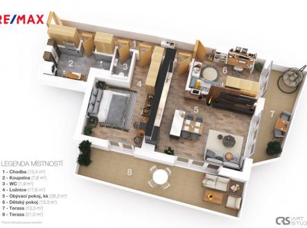 3D půdorys | Prodej bytu, 3+kk, 121 m²