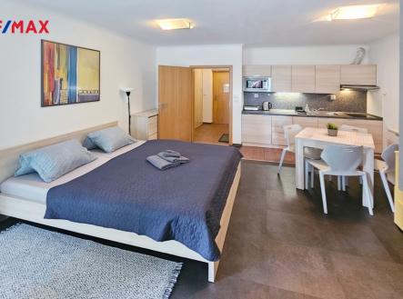 obývací pokoj s kuchyňským koutem a chodbou | Prodej bytu, 1+kk, 34 m²