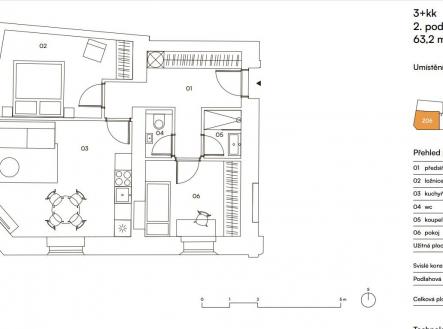 půdorys | Pronájem bytu, 3+kk, 63 m²