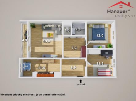 Pudorys s rozmery.jpg | Prodej bytu, 3+1, 78 m²