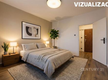 Prostorná ložnice s parketovou podlahou, moderním osvětlením a velkou rostlinou, nabízí klidnou atmosféru a stylový design. | Prodej bytu, 2+1, 58 m²