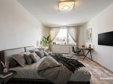 Prostorná ložnice s parketovou podlahou, moderní osvětlení, velká okna s průhlednými závěsy, stylový pracovní kout, příjemná atmosféra. | Prodej bytu, 2+1, 58 m²