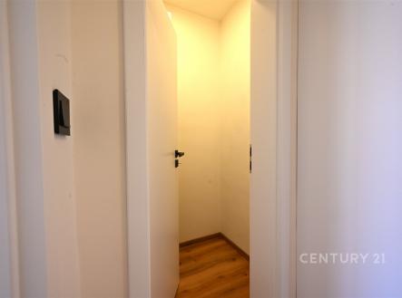 Útulná chodba s dřevěnou podlahou a moderními bílými dveřmi, vynikající prosvětlením a čistým designem. | Pronájem bytu, 2+kk, 86 m²