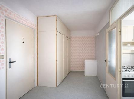Předsíň s vestavěnými skříněmi, světle růžová tapeta, vinylová podlaha, světlé dveře vedoucí do kuchyně, moderní styl, dobře udržovaný stav. | Prodej bytu, 1+1, 45 m²