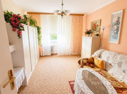 Světlý obývací pokoj s kobercem, velká okna a vestavěné skříně, dekorativní rostliny, klasický stylový nábytek, útulná atmosféra. | Prodej bytu, 2+1, 57 m²