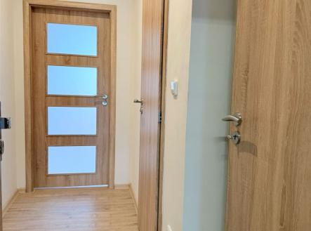 Úzká chodba s dřevěnou podlahou a moderními vnitřními dveřmi, světlé stěny a elegantní design, ideální pro rodinný byt. | Pronájem bytu, 1+kk, 35 m²