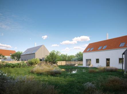 Vizualizace stavebního projektu s dotčeným domem uprostřed (s dřevěnou fasádou) | Prodej - pozemek pro bydlení, 1 157 m²