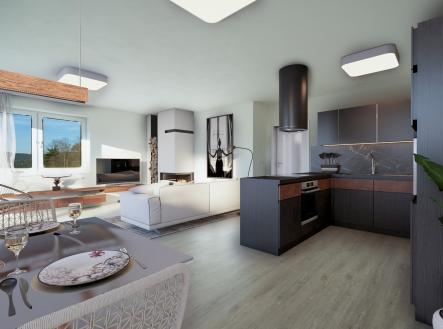 Vizualizace obývacího pokoje s kuchyňskou linkou. | Prodej bytu, 5+kk, 130 m²