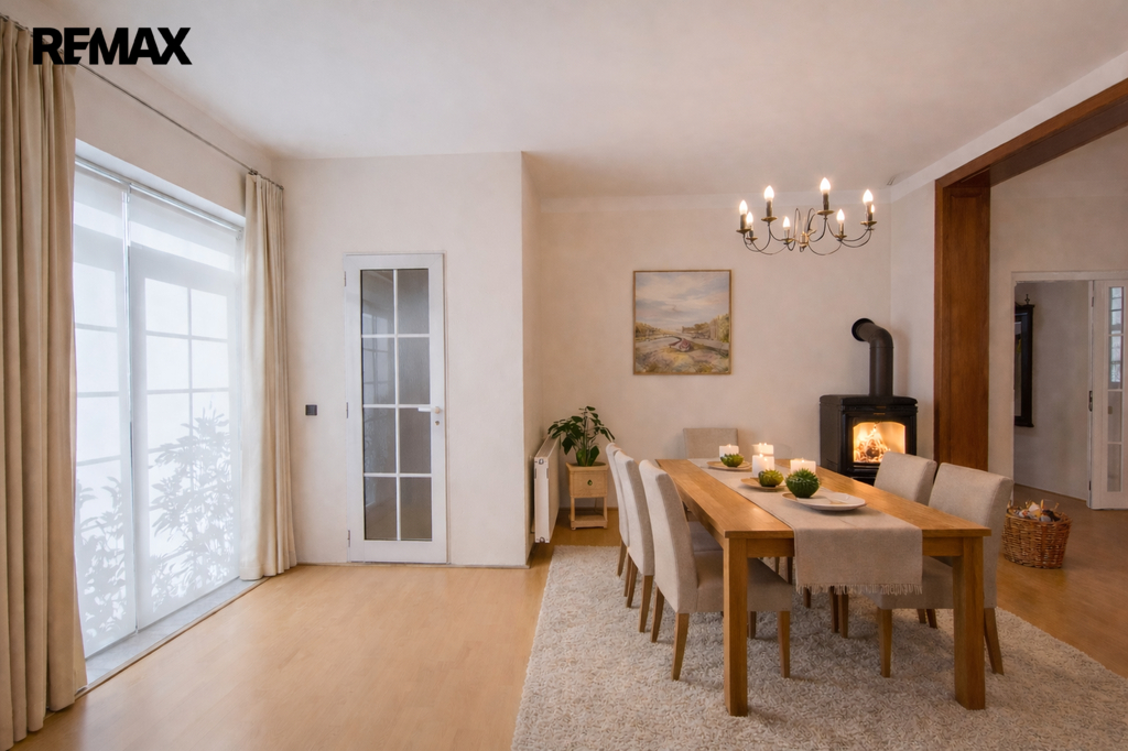 Vizualizace - jídelna s krbem