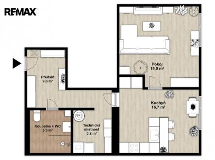 Půdorys 2D | Pronájem bytu, 1+1, 56 m²